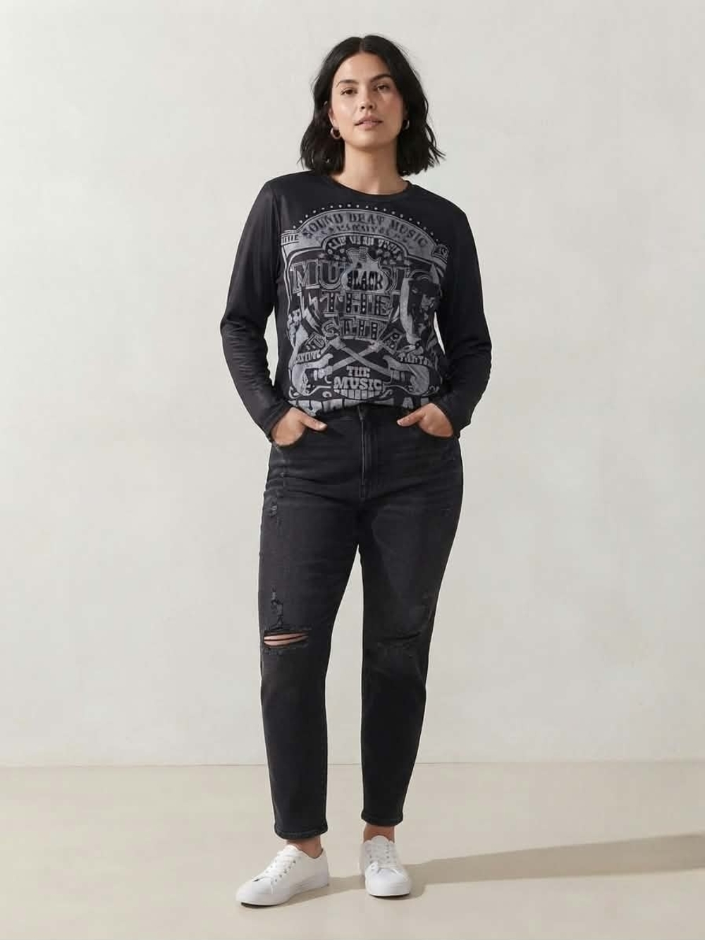 Rock Band Graphic Long Sleeve Tee Black Festival Music Tour Shirt Size M